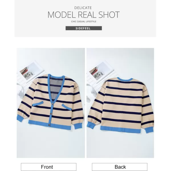 Sidefeel Womens Cardigan 2024 Fall Sweaters Open Front Coat Oversized Striped Chunky Outwear with PocketsBlue