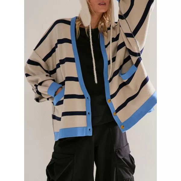 Sidefeel Womens Cardigan 2024 Fall Sweaters Open Front Coat Oversized Striped Chunky Outwear with PocketsBlue