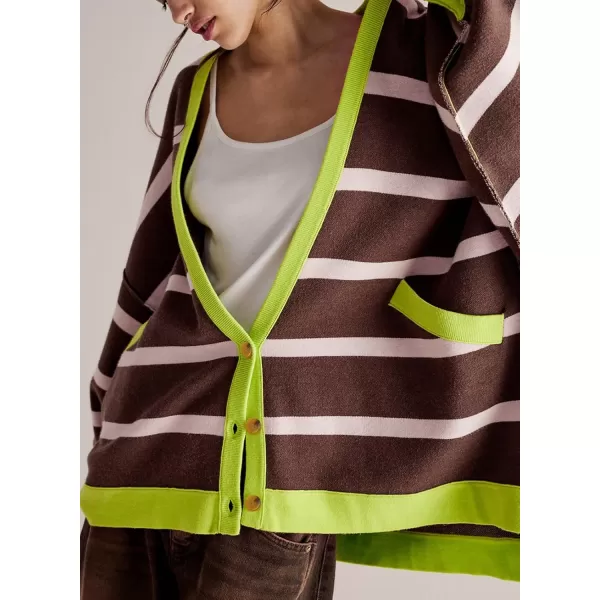 Sidefeel Womens Cardigan 2024 Fall Sweaters Open Front Coat Oversized Striped Chunky Outwear with PocketsBrown