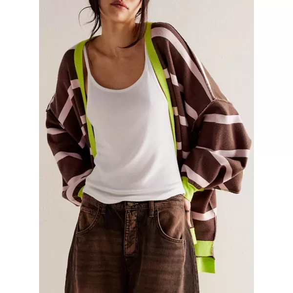 Sidefeel Womens Cardigan 2024 Fall Sweaters Open Front Coat Oversized Striped Chunky Outwear with PocketsBrown