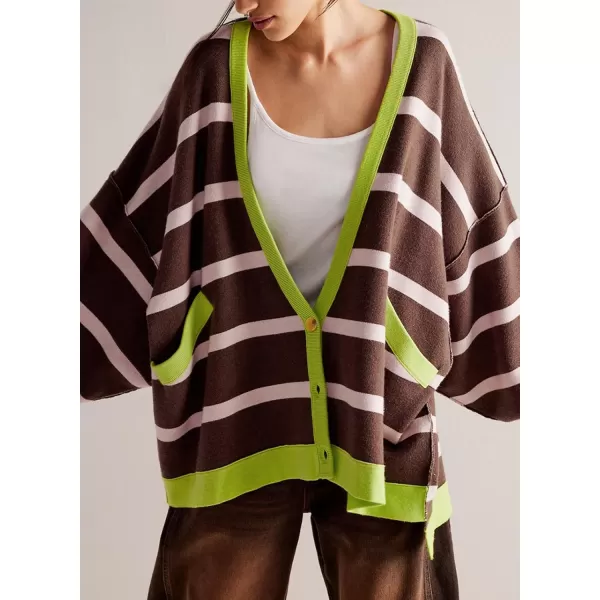 Sidefeel Womens Cardigan 2024 Fall Sweaters Open Front Coat Oversized Striped Chunky Outwear with PocketsBrown