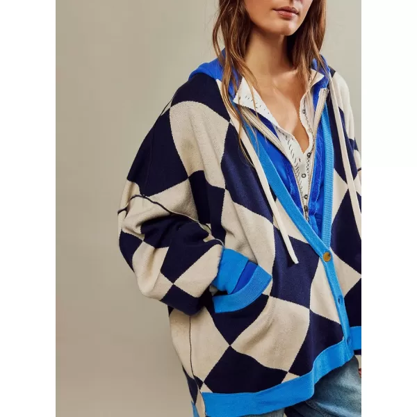 Sidefeel Womens Cardigan 2024 Fall Sweaters Open Front Coat Oversized Striped Chunky Outwear with PocketsDark Blue