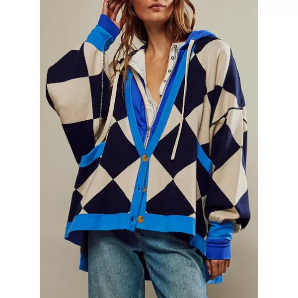 Sidefeel Womens Cardigan 2024 Fall Sweaters Open Front Coat Oversized Striped Chunky Outwear with PocketsDark Blue