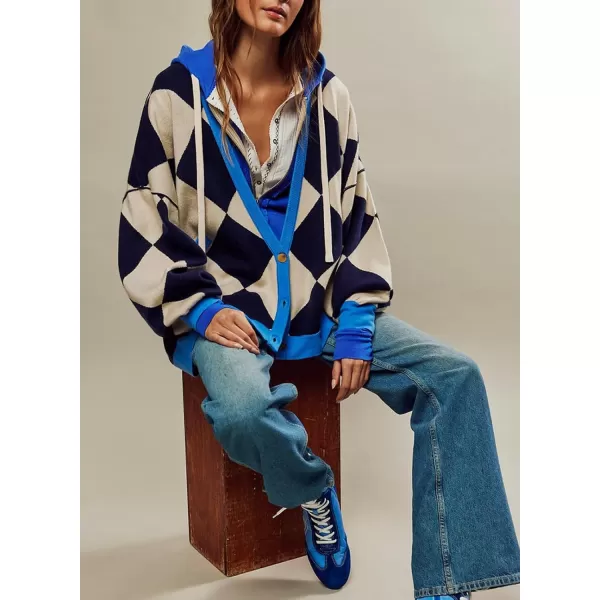Sidefeel Womens Cardigan 2024 Fall Sweaters Open Front Coat Oversized Striped Chunky Outwear with PocketsDark Blue