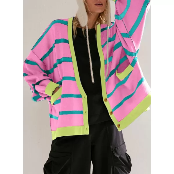 Sidefeel Womens Cardigan 2024 Fall Sweaters Open Front Coat Oversized Striped Chunky Outwear with PocketsPink