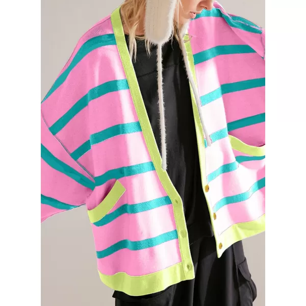 Sidefeel Womens Cardigan 2024 Fall Sweaters Open Front Coat Oversized Striped Chunky Outwear with PocketsPink