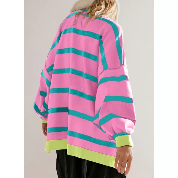 Sidefeel Womens Cardigan 2024 Fall Sweaters Open Front Coat Oversized Striped Chunky Outwear with PocketsPink