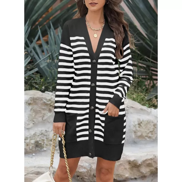 Sidefeel Womens Cardigan Sweaters Striped Open Front Button Down VNeck Long Sleeve Chunky Knit Outwear with PocketsBlack Stripe