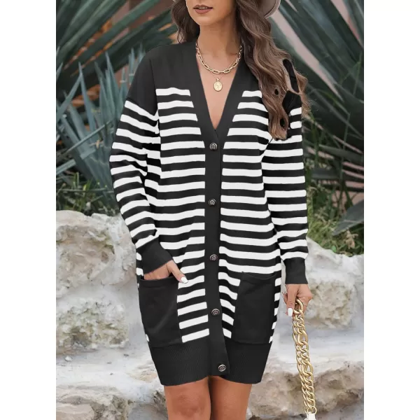 Sidefeel Womens Cardigan Sweaters Striped Open Front Button Down VNeck Long Sleeve Chunky Knit Outwear with PocketsBlack Stripe
