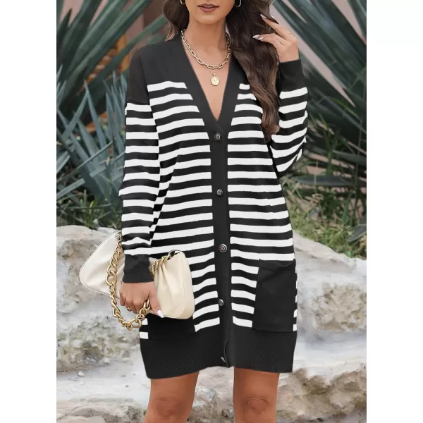 Sidefeel Womens Cardigan Sweaters Striped Open Front Button Down VNeck Long Sleeve Chunky Knit Outwear with PocketsBlack Stripe