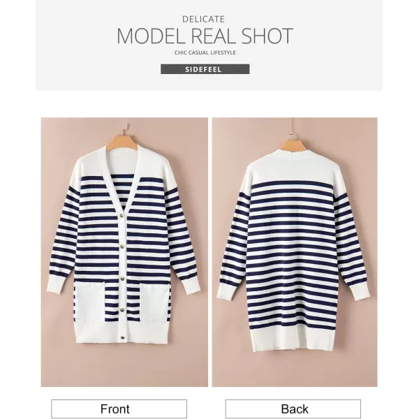 Sidefeel Womens Cardigan Sweaters Striped Open Front Button Down VNeck Long Sleeve Chunky Knit Outwear with PocketsBlack Stripe