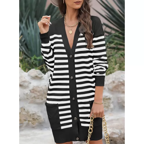 Sidefeel Womens Cardigan Sweaters Striped Open Front Button Down VNeck Long Sleeve Chunky Knit Outwear with PocketsBlack Stripe