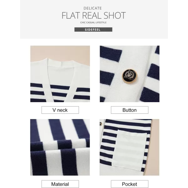 Sidefeel Womens Cardigan Sweaters Striped Open Front Button Down VNeck Long Sleeve Chunky Knit Outwear with PocketsBlue Stripe