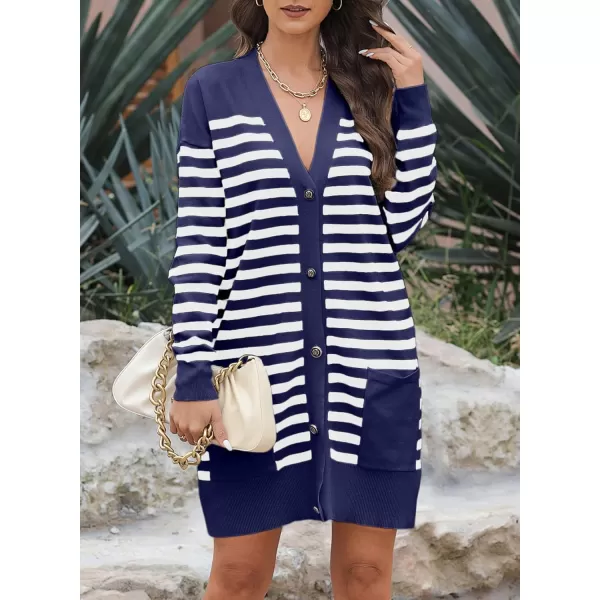 Sidefeel Womens Cardigan Sweaters Striped Open Front Button Down VNeck Long Sleeve Chunky Knit Outwear with PocketsBlue Stripe