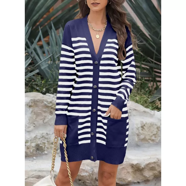 Sidefeel Womens Cardigan Sweaters Striped Open Front Button Down VNeck Long Sleeve Chunky Knit Outwear with PocketsBlue Stripe
