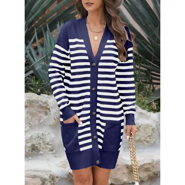 Sidefeel Womens Cardigan Sweaters Striped Open Front Button Down VNeck Long Sleeve Chunky Knit Outwear with PocketsBlue Stripe
