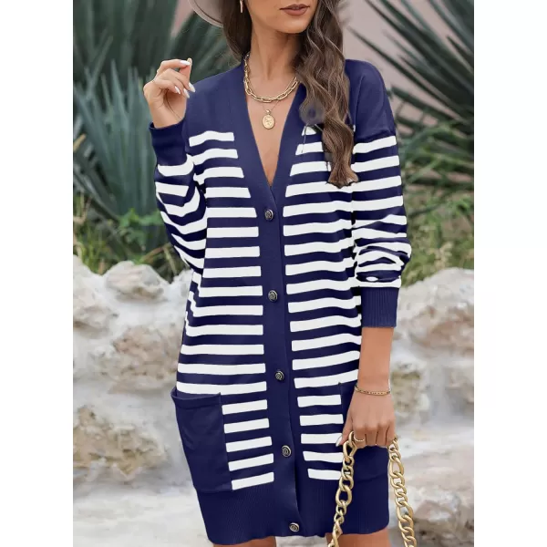 Sidefeel Womens Cardigan Sweaters Striped Open Front Button Down VNeck Long Sleeve Chunky Knit Outwear with PocketsBlue Stripe