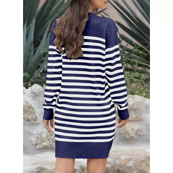 Sidefeel Womens Cardigan Sweaters Striped Open Front Button Down VNeck Long Sleeve Chunky Knit Outwear with PocketsBlue Stripe