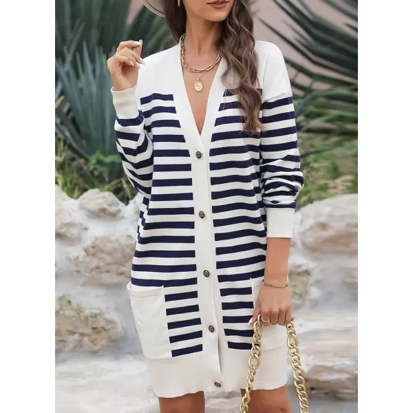 Sidefeel Womens Cardigan Sweaters Striped Open Front Button Down VNeck Long Sleeve Chunky Knit Outwear with PocketsWhite Stripe