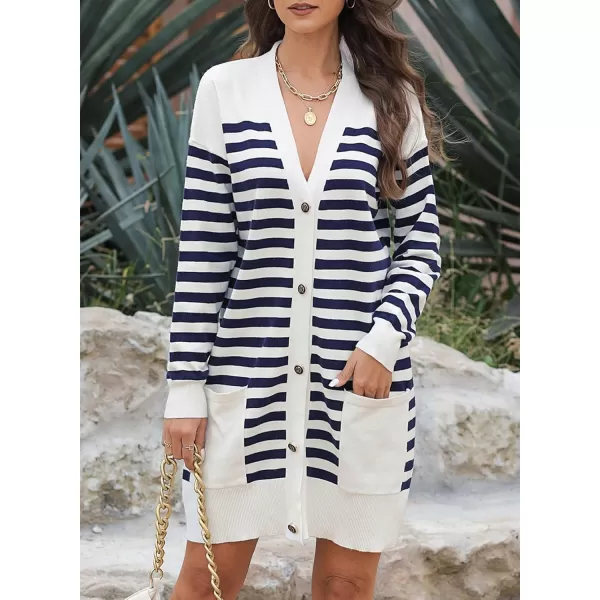 Sidefeel Womens Cardigan Sweaters Striped Open Front Button Down VNeck Long Sleeve Chunky Knit Outwear with PocketsWhite Stripe