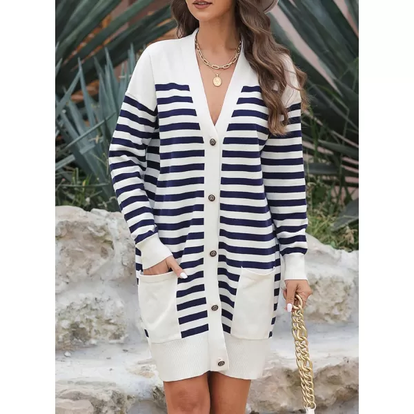 Sidefeel Womens Cardigan Sweaters Striped Open Front Button Down VNeck Long Sleeve Chunky Knit Outwear with PocketsWhite Stripe