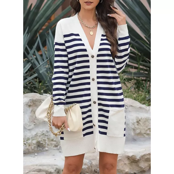 Sidefeel Womens Cardigan Sweaters Striped Open Front Button Down VNeck Long Sleeve Chunky Knit Outwear with PocketsWhite Stripe