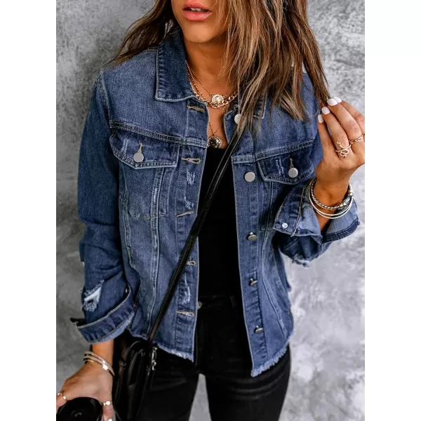 Sidefeel Womens Denim Jacket Long Sleeve Button Distressed Ripped Jean CoatA 1 Blue