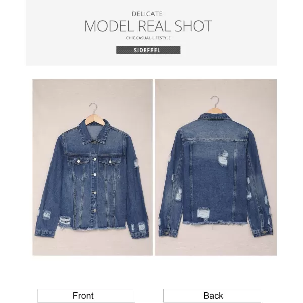 Sidefeel Womens Denim Jacket Long Sleeve Button Distressed Ripped Jean CoatA 1 Blue