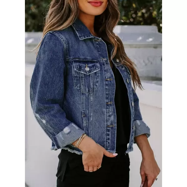 Sidefeel Womens Denim Jacket Long Sleeve Button Distressed Ripped Jean CoatA 1 Blue