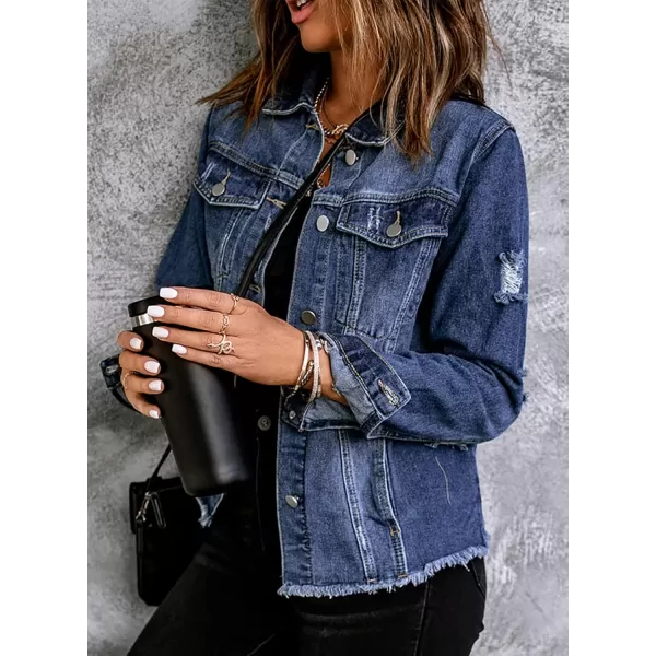 Sidefeel Womens Denim Jacket Long Sleeve Button Distressed Ripped Jean CoatA 1 Blue