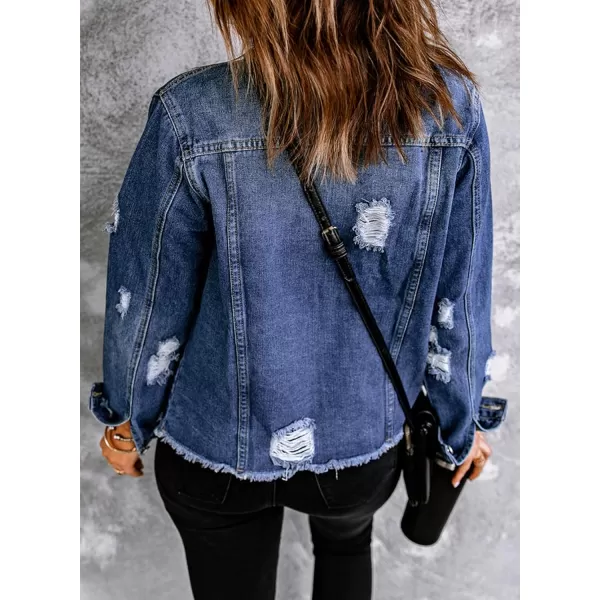 Sidefeel Womens Denim Jacket Long Sleeve Button Distressed Ripped Jean CoatA 1 Blue