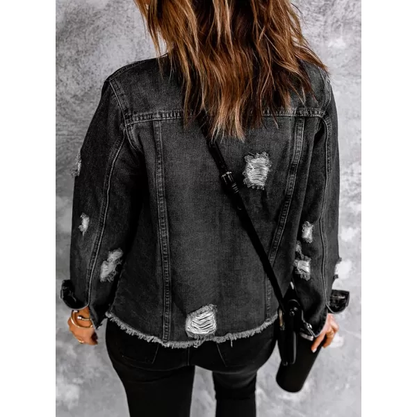 Sidefeel Womens Denim Jacket Long Sleeve Button Distressed Ripped Jean CoatA Black