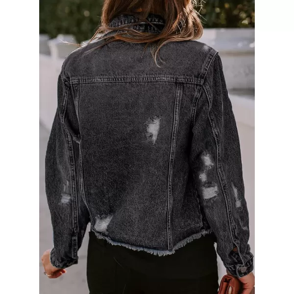 Sidefeel Womens Denim Jacket Long Sleeve Button Distressed Ripped Jean CoatA Black