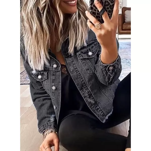 Sidefeel Womens Denim Jacket Long Sleeve Button Distressed Ripped Jean CoatA Black