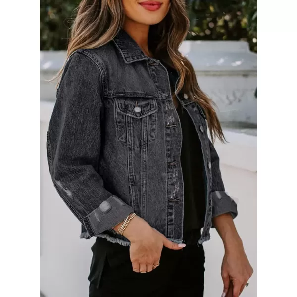 Sidefeel Womens Denim Jacket Long Sleeve Button Distressed Ripped Jean CoatA Black