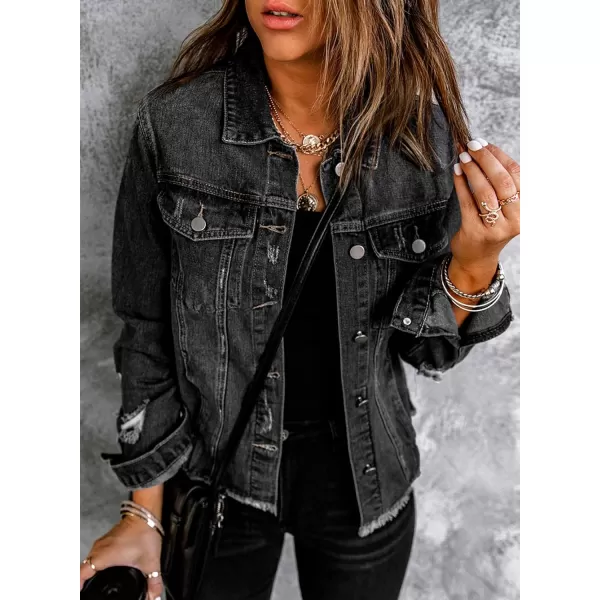 Sidefeel Womens Denim Jacket Long Sleeve Button Distressed Ripped Jean CoatA Black