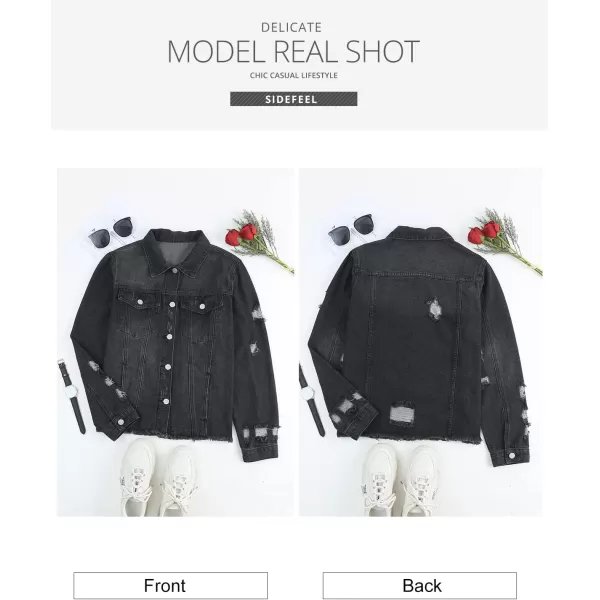 Sidefeel Womens Denim Jacket Long Sleeve Button Distressed Ripped Jean CoatA Black