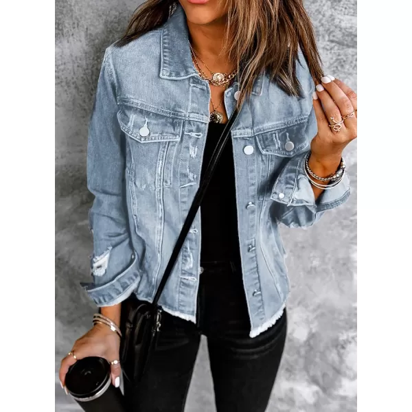 Sidefeel Womens Denim Jacket Long Sleeve Button Distressed Ripped Jean CoatA Sky Blue