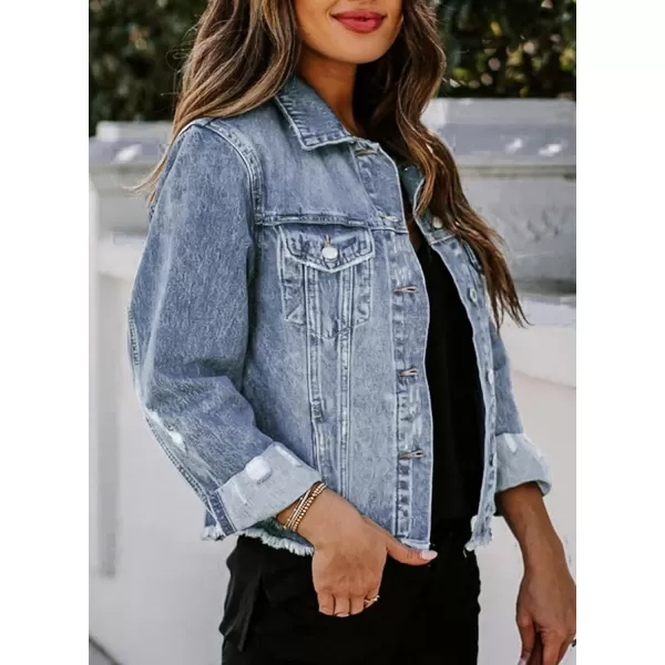Sidefeel Womens Denim Jacket Long Sleeve Button Distressed Ripped Jean CoatA Sky Blue