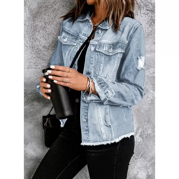 Sidefeel Womens Denim Jacket Long Sleeve Button Distressed Ripped Jean CoatA Sky Blue