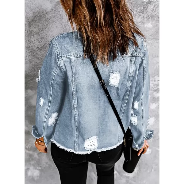 Sidefeel Womens Denim Jacket Long Sleeve Button Distressed Ripped Jean CoatA Sky Blue