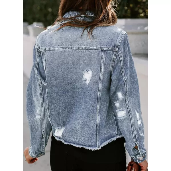 Sidefeel Womens Denim Jacket Long Sleeve Button Distressed Ripped Jean CoatA Sky Blue