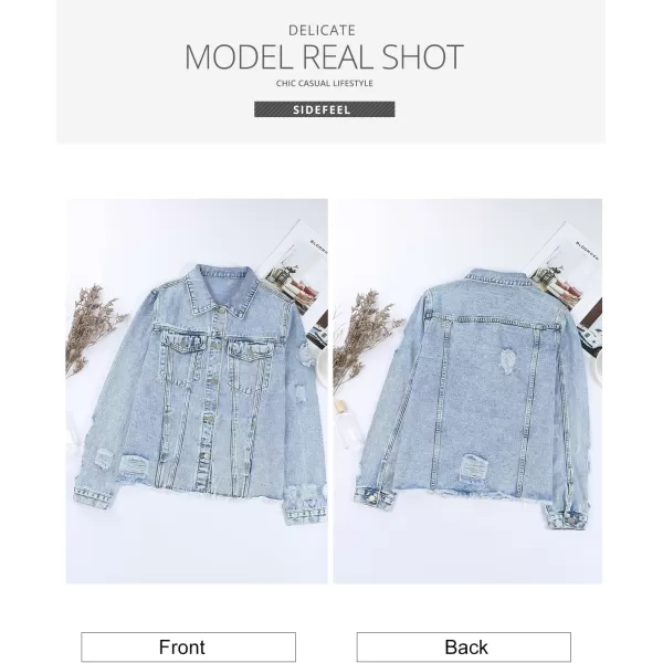 Sidefeel Womens Denim Jacket Long Sleeve Button Distressed Ripped Jean CoatA Sky Blue