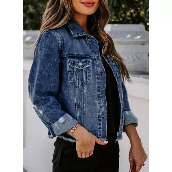 Sidefeel Womens Denim Jacket Long Sleeve Button Distressed Ripped Jean CoatBluing