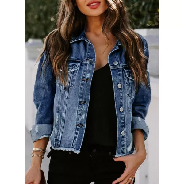 Sidefeel Womens Denim Jacket Long Sleeve Button Distressed Ripped Jean CoatBluing