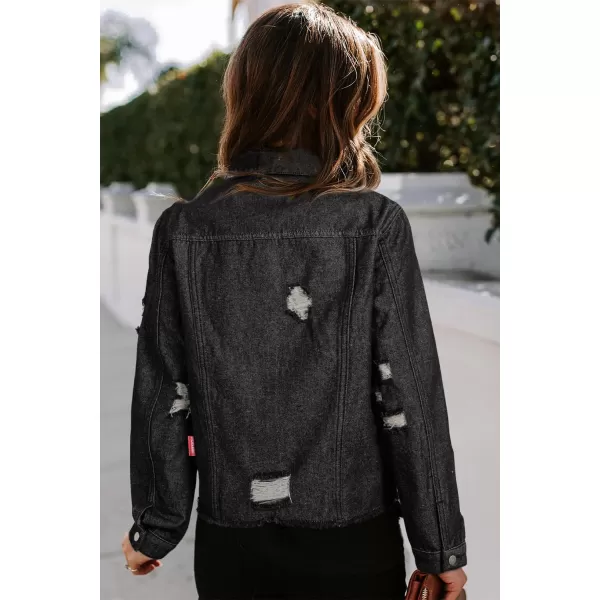 Sidefeel Womens Denim Jacket Long Sleeve Button Distressed Ripped Jean CoatDeep Black