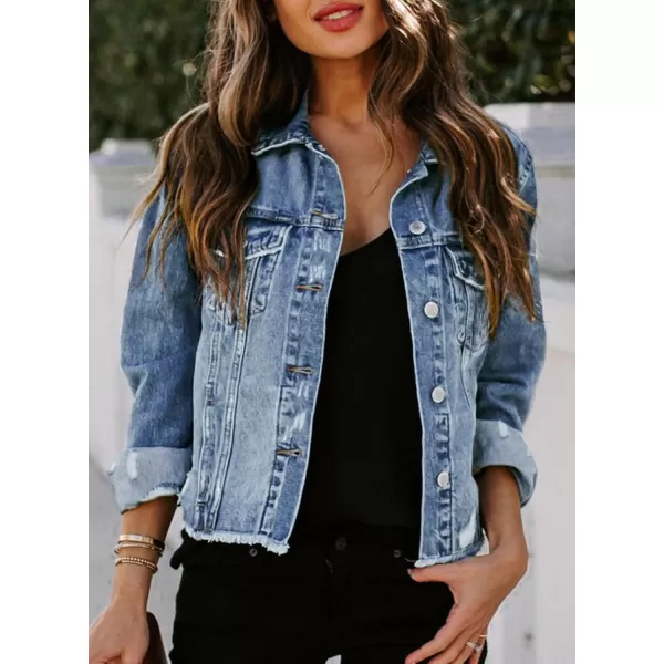 Sidefeel Womens Denim Jacket Long Sleeve Button Distressed Ripped Jean CoatIceland Blue