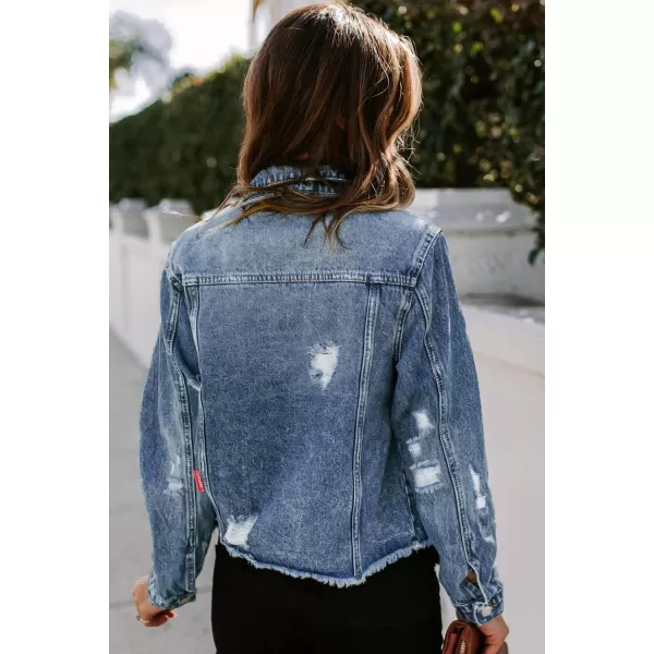 Sidefeel Womens Denim Jacket Long Sleeve Button Distressed Ripped Jean CoatIceland Blue