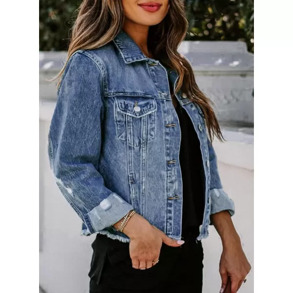 Sidefeel Womens Denim Jacket Long Sleeve Button Distressed Ripped Jean CoatIceland Blue