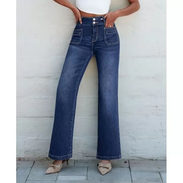 Sidefeel Womens Jeans High Waist Trendy 2024 Stretchy Flared Wide Leg Pockets Front Bootcut Casual Denim PantsBlue